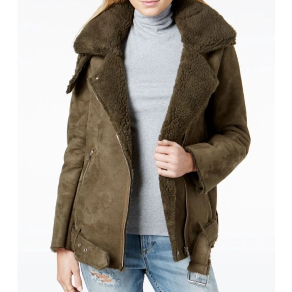 J.O.A Jacket Size Medium Green Motorcycle Faux Suede Shearling High Collar